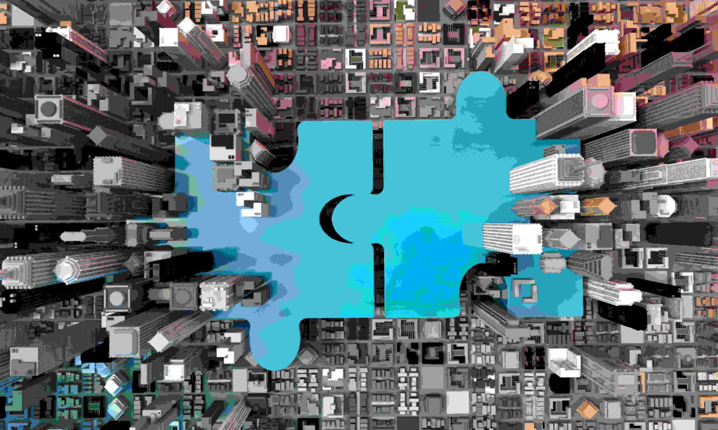 Puzzle pieces in a city