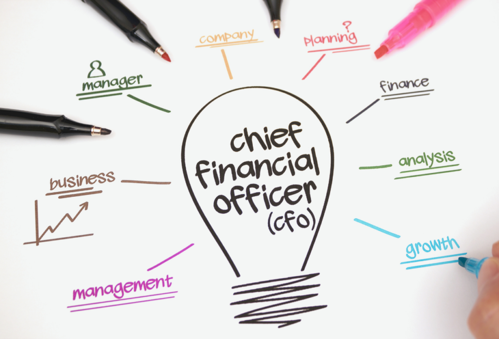 Illustration of a CFO lightbulb surrounded by finance, planning, analysis, and growth concepts.