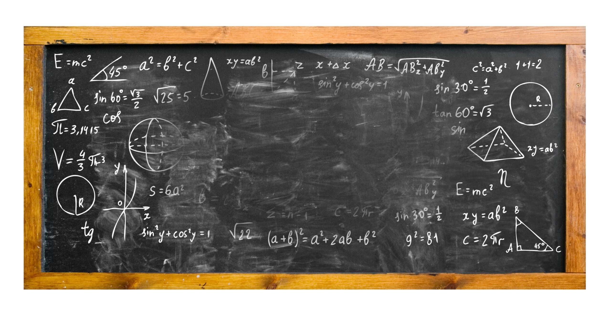 A chalkboard filled with various mathematical equations, formulas, and geometric diagrams drawn in white chalk, including circles, triangles, and algebraic expressions.