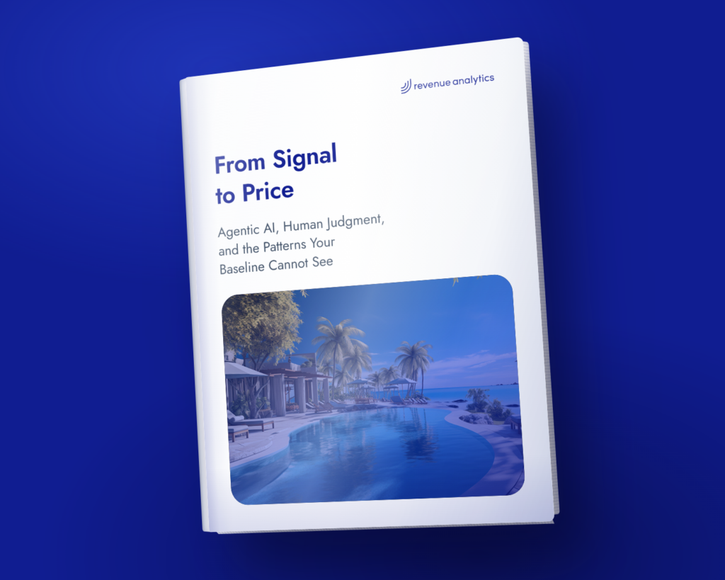 A white booklet titled From Signal to Price with a tropical poolside photo on the cover, set against a blue background. The booklet displays the Revenue Analytics logo and subtitle about AI, human judgment, and unseen patterns.