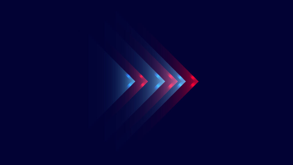 A series of overlapping translucent arrows pointing to the right, transitioning from blue to red against a dark blue background.